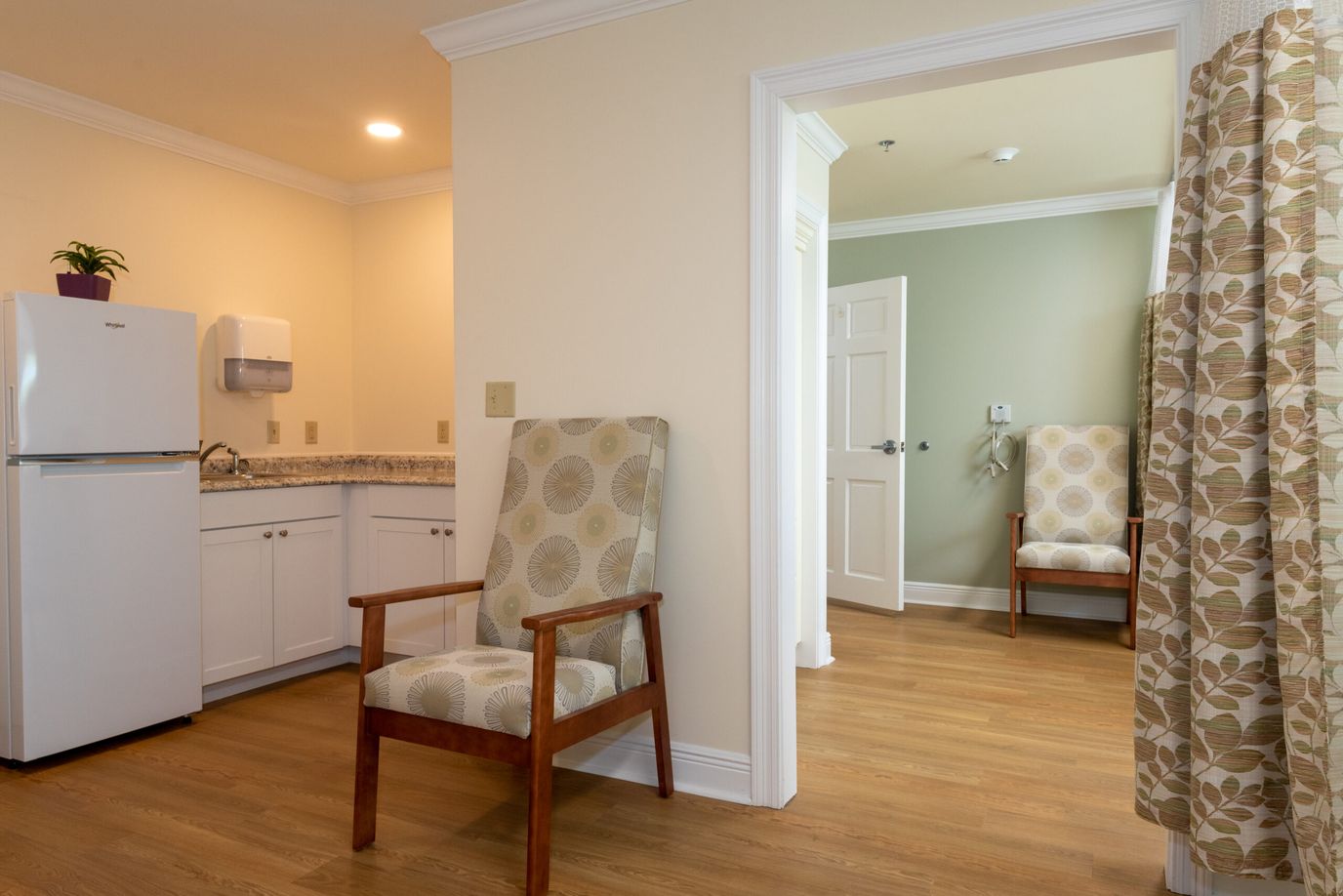 Interior view of a room with a kitchenette