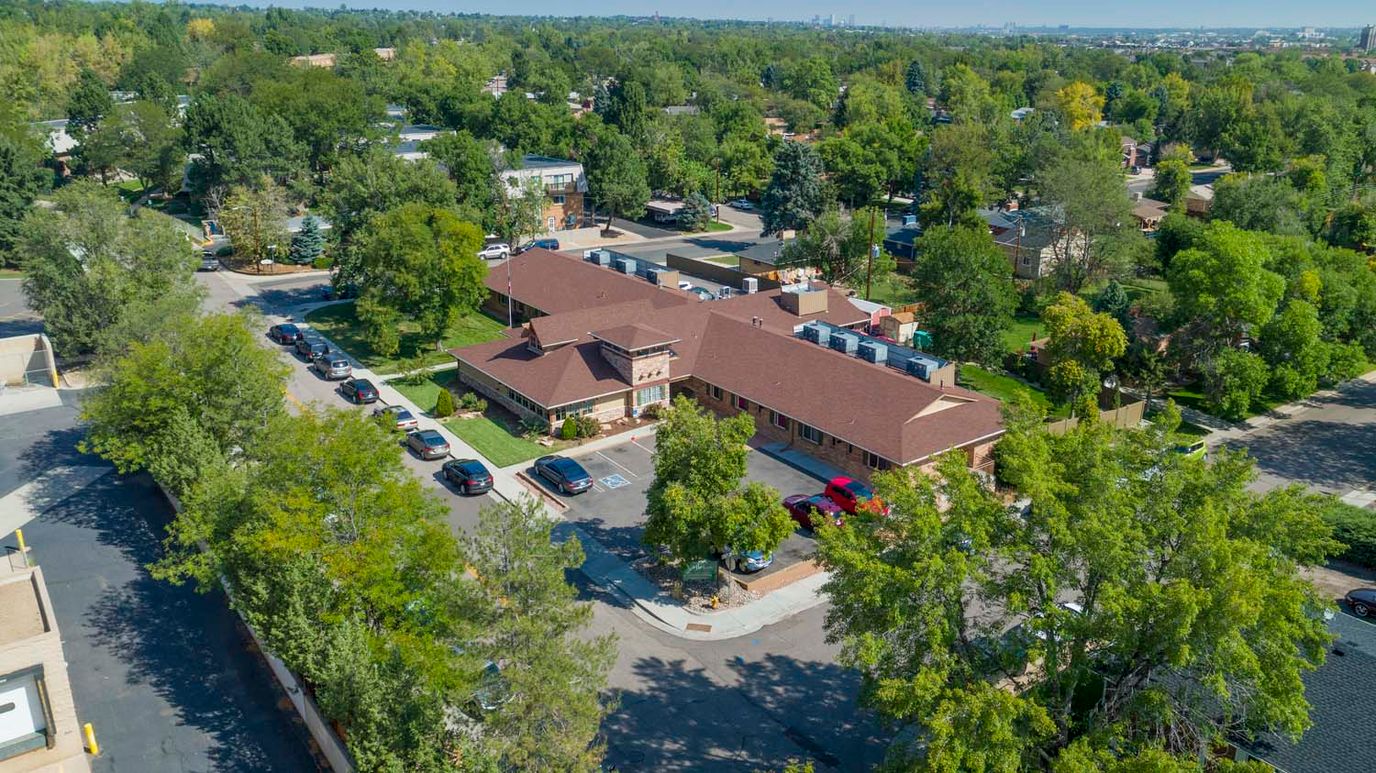 Aerial view of Littleton Care and Rehabilitation Center surrounded by trees