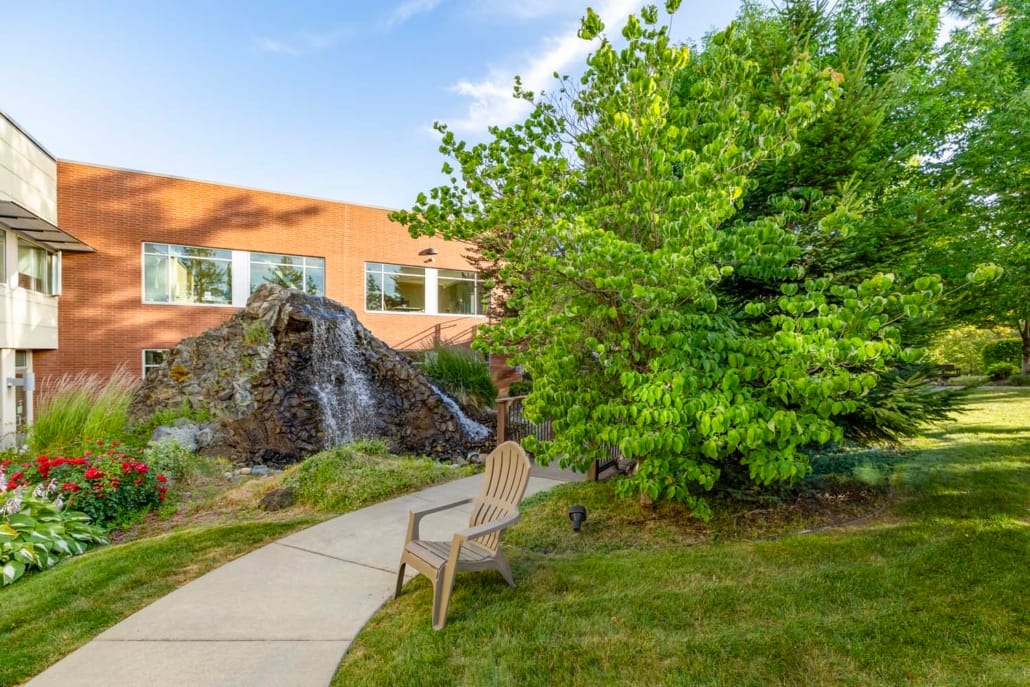 Lush outdoor space with a waterfall feature