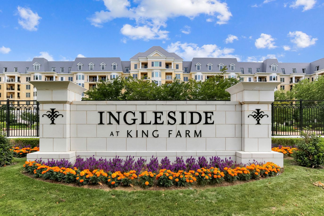 Signage of Ingleside at King Farm with landscaped flowers