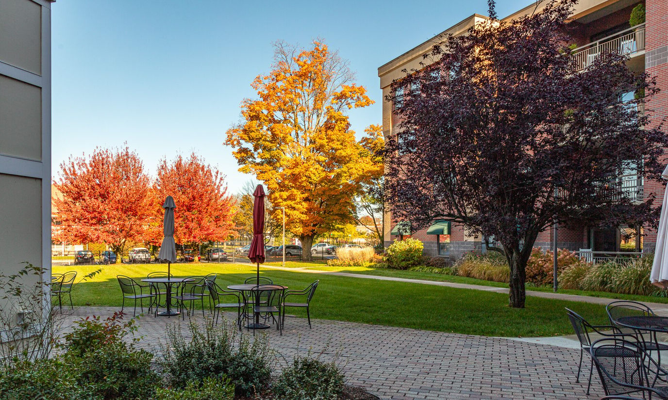 Outdoor seating area with colorful autumn trees