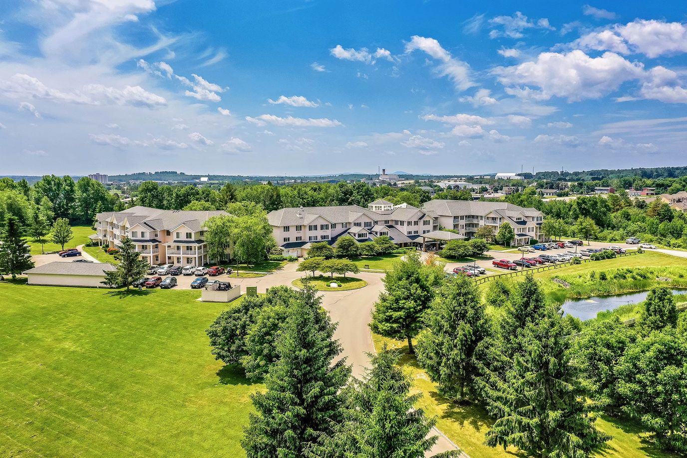 Aerial view of Solstice Senior Living at Bangor surrounded by greenery