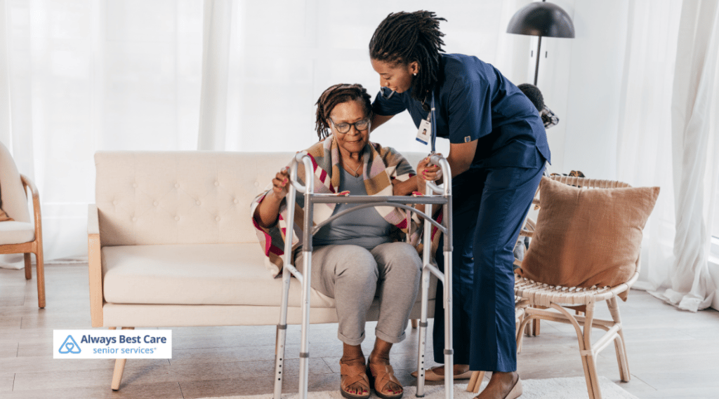 Healthcare professional assisting a resident with a walker