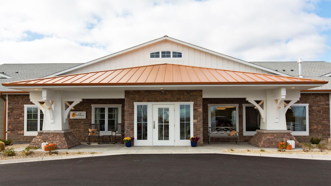 Exterior view of a assisted living facility entrance