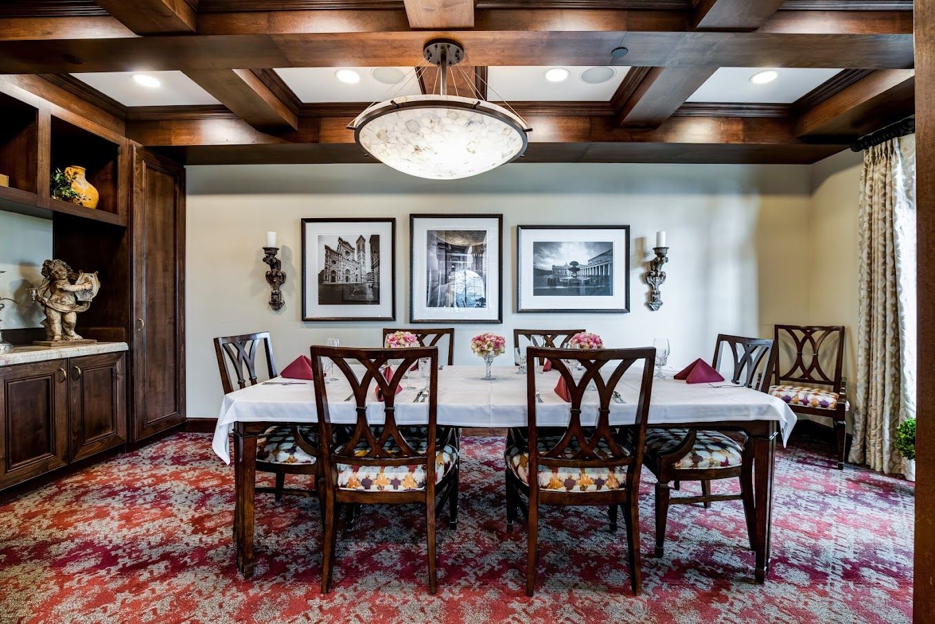 Elegant dining room setup with wooden furniture and decor