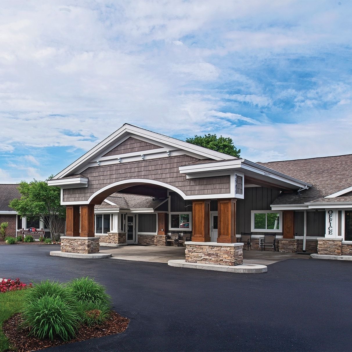 Exterior view of the senior living facility entrance