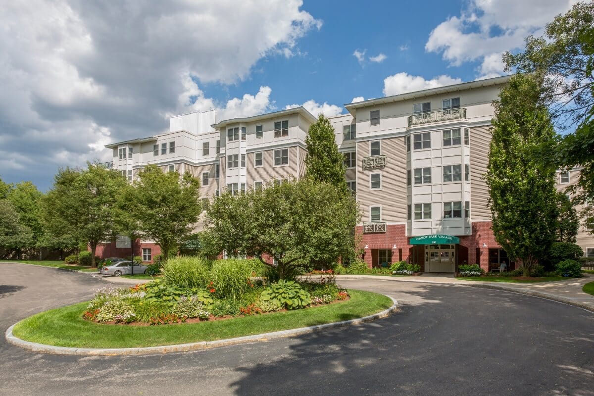 Exterior view of the Cabot Park Village building and gardens