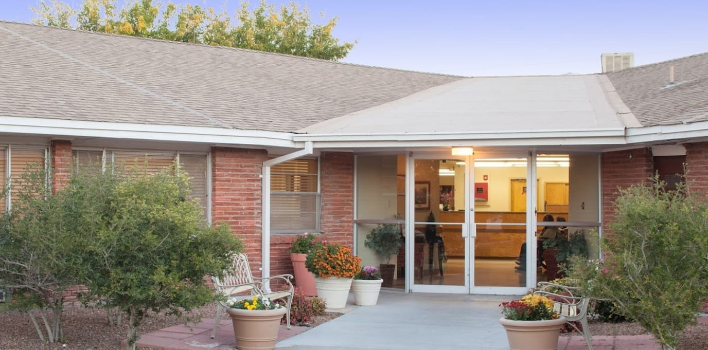 Exterior view of a senior living facility entrance
