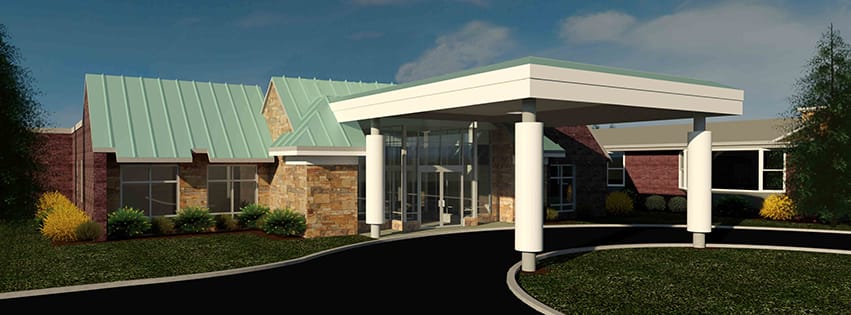 Exterior view of an assisted living facility entrance