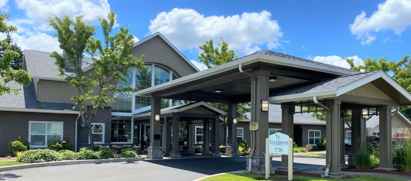 Exterior view of Evergreen Memory Care facility entrance