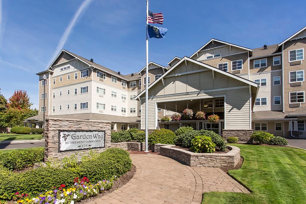 Entrance of Garden Way Retirement Community with landscaping