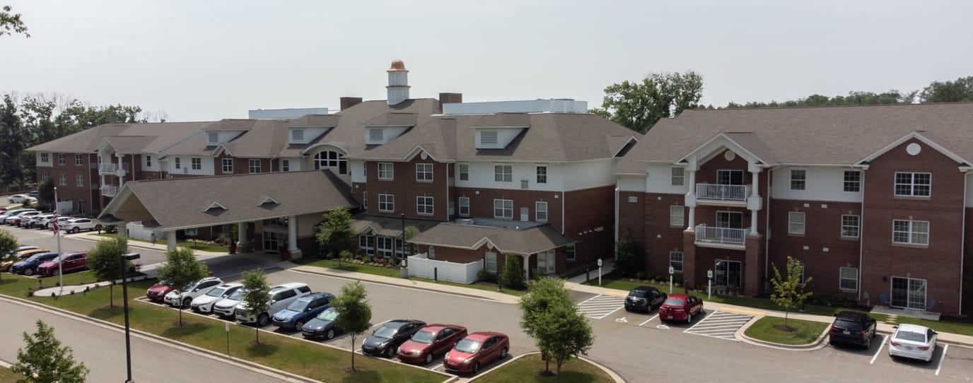 Aerial view of the South Hills Square Retirement Resort building