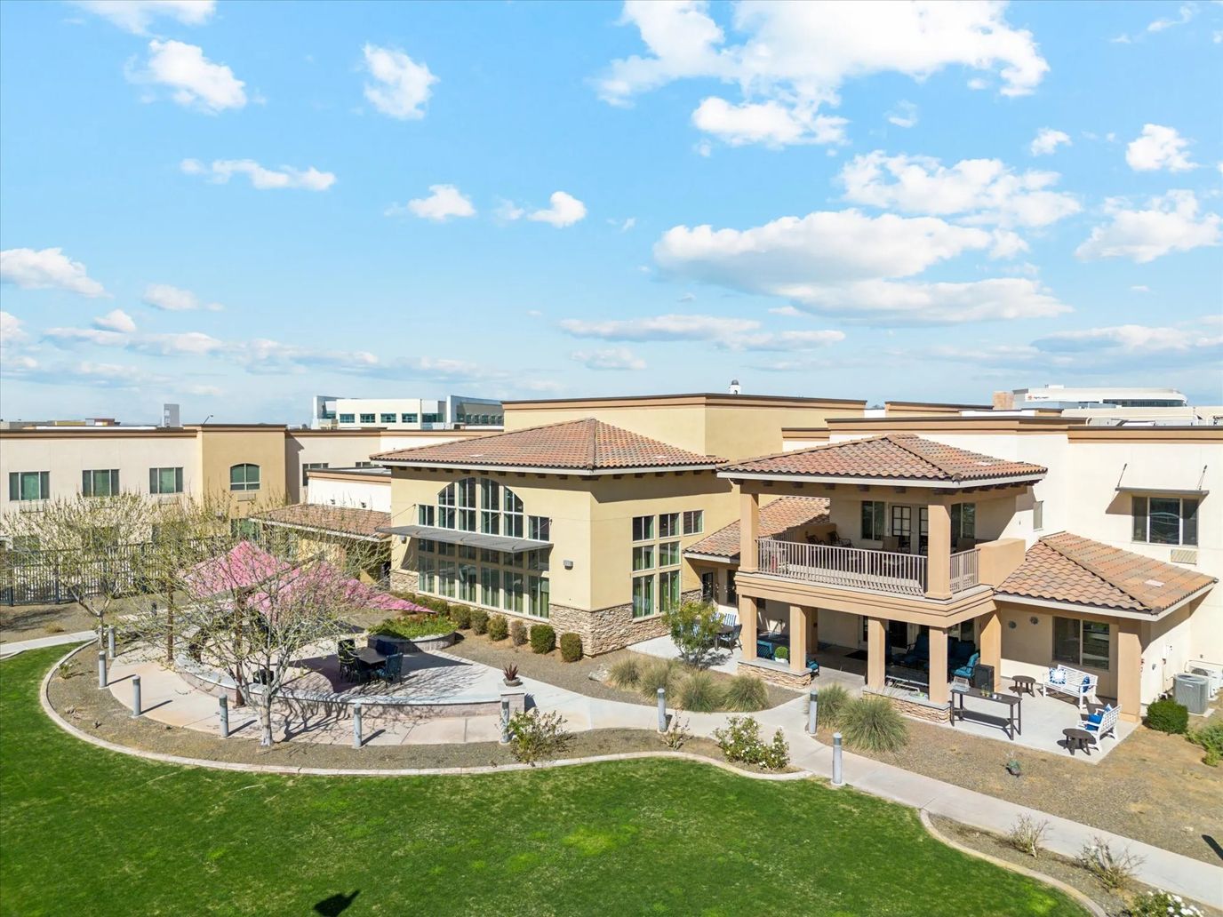 Aerial view of the facility's exterior with landscaped grounds
