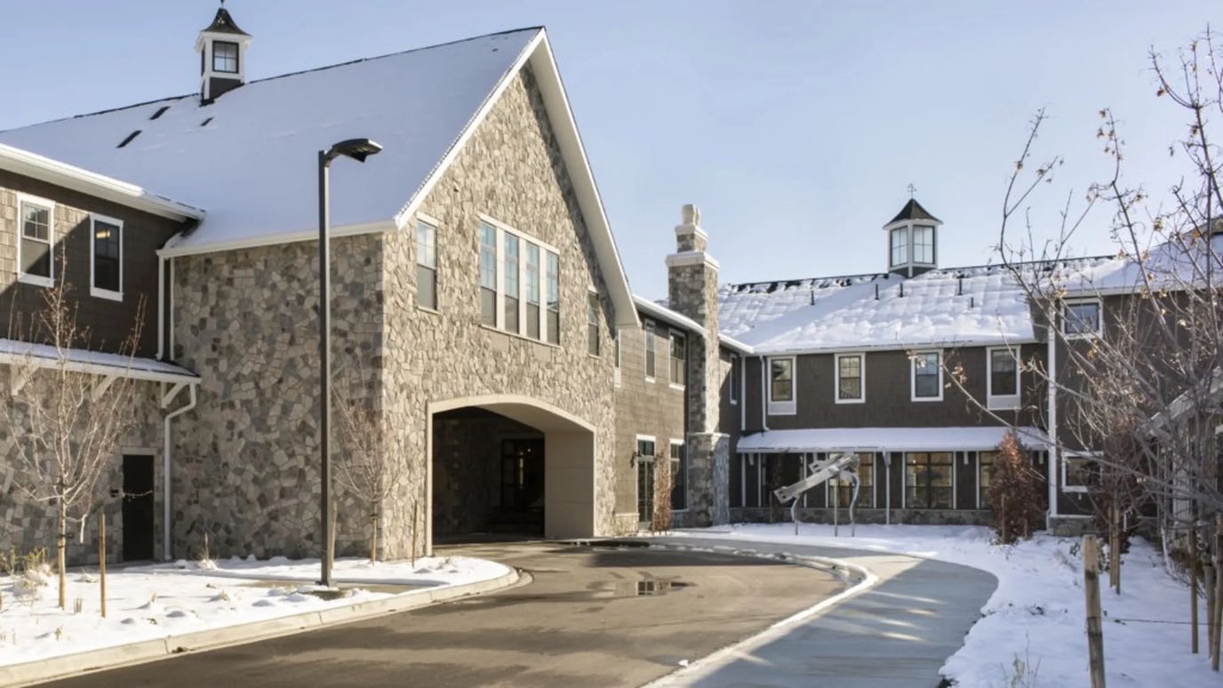 Exterior view of the assisted living facility in winter