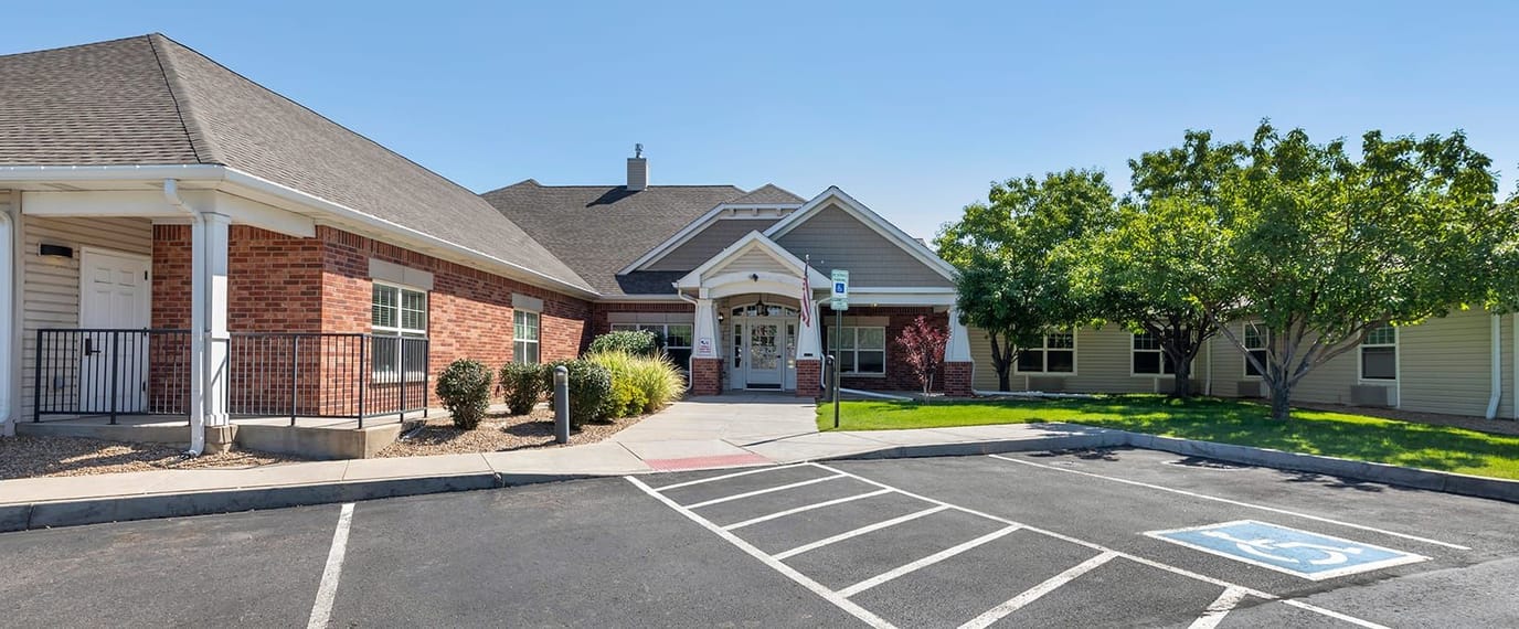 Exterior view of a senior care facility entrance