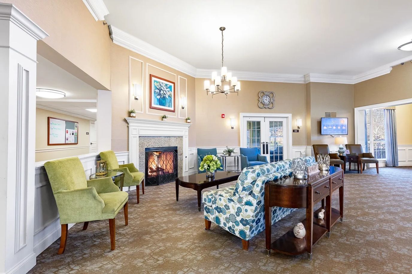 Cozy common area with comfortable seating and fireplace