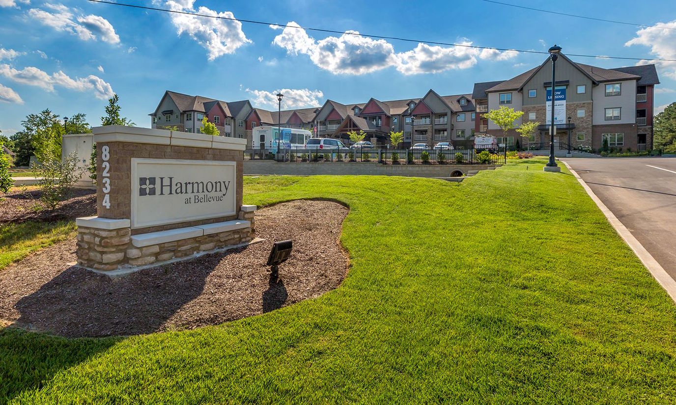 Exterior view of Harmony at Bellevue with landscaping