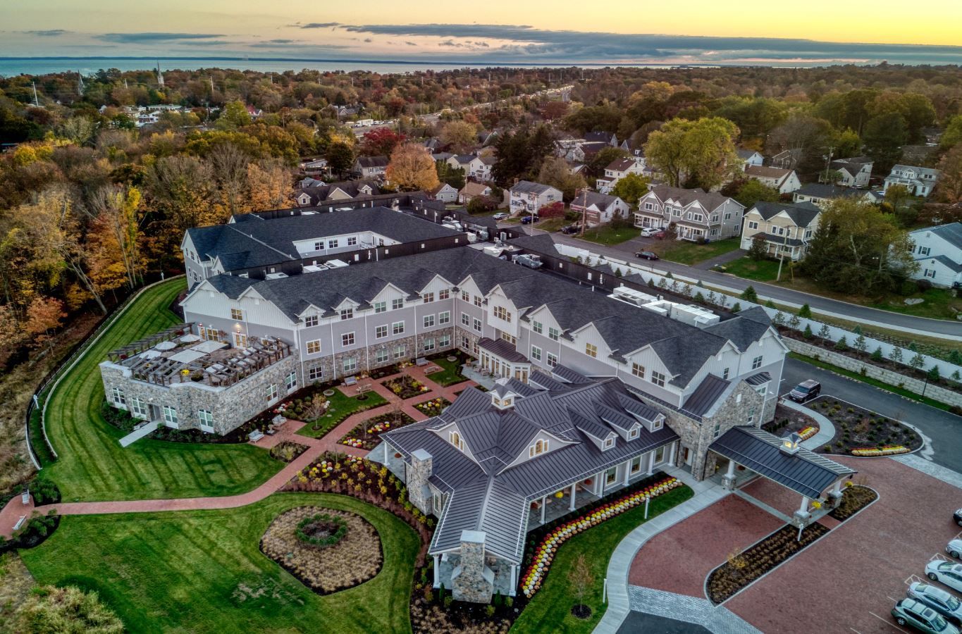 Aerial view of Maplewood at Southport with gardens