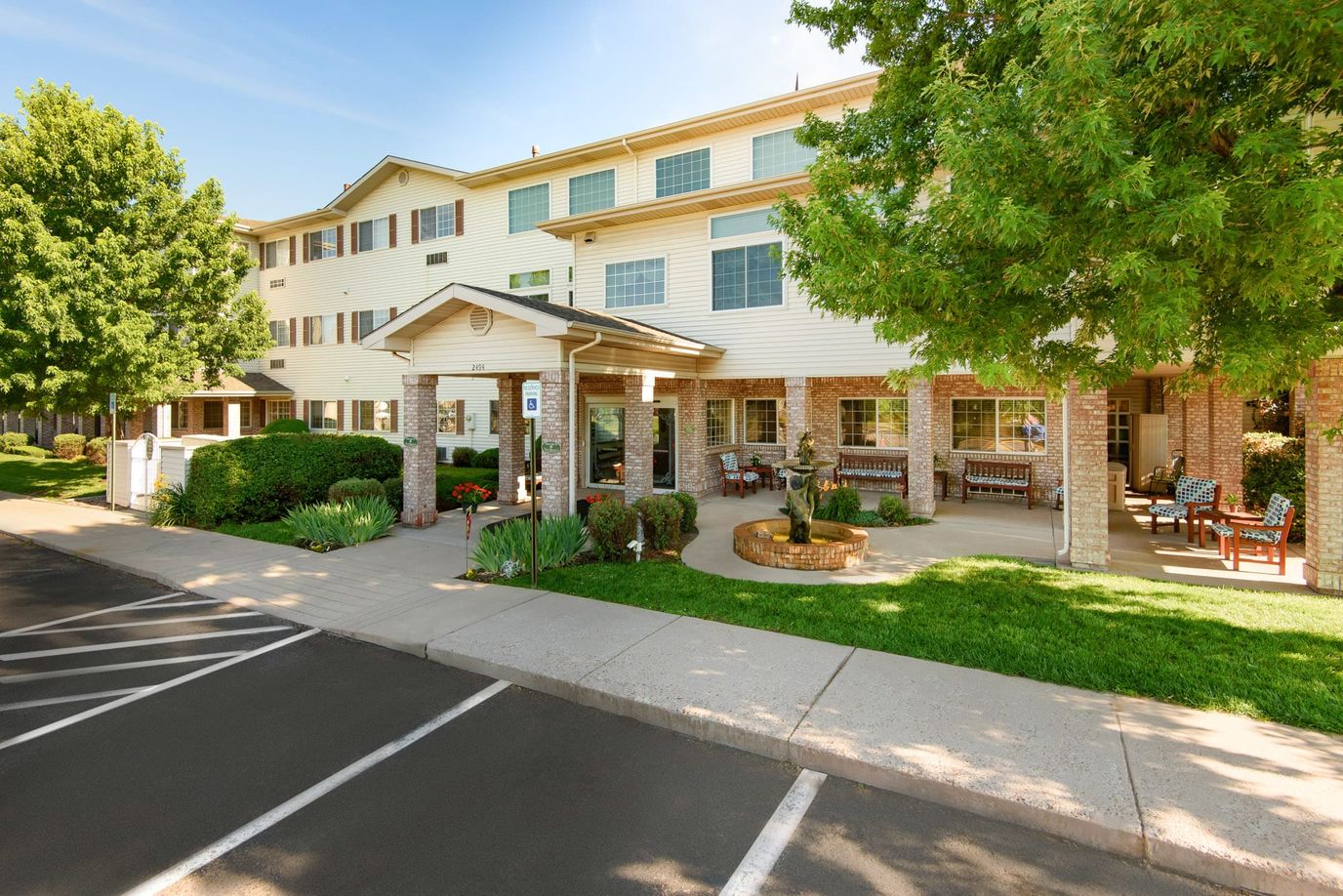 Exterior view of the building with outdoor seating area