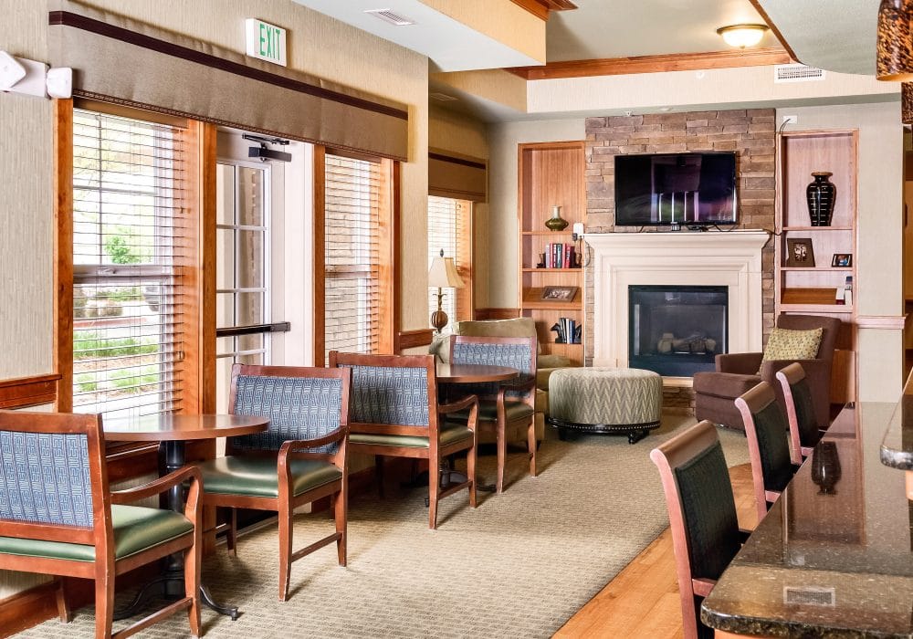 Interior view of a cozy common area with seating