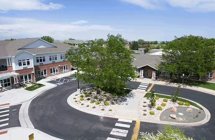 Aerial view of the exterior of New Mercer Commons with landscaping