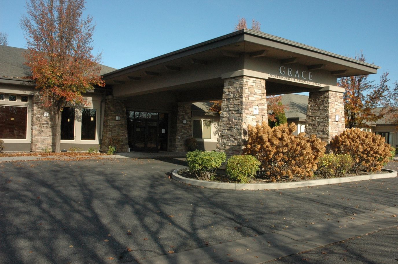 Exterior view of Grace Assisted Living building entrance