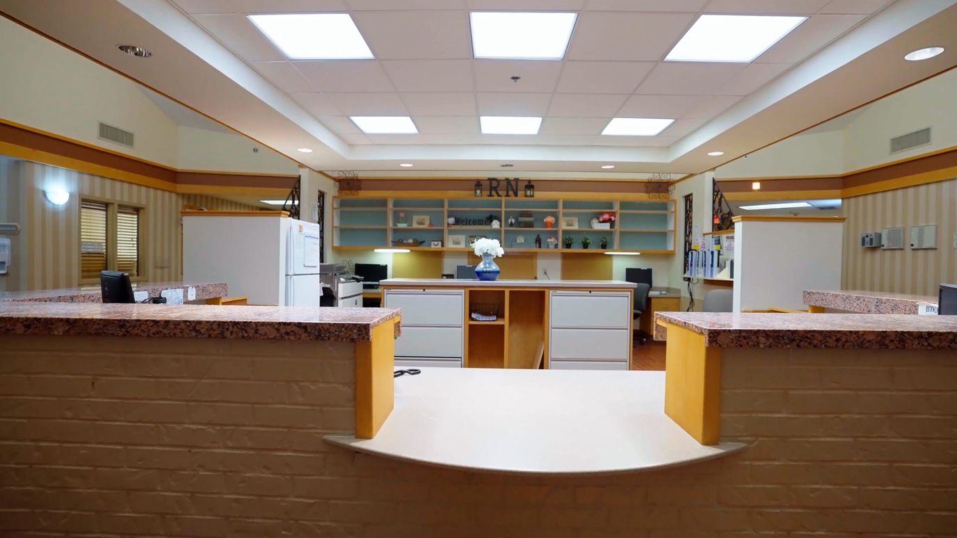Reception area of a senior care facility with a welcoming atmosphere