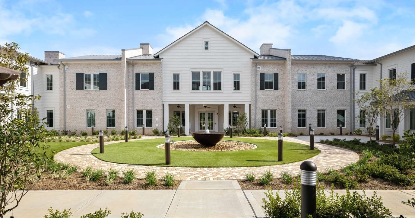 Outdoor courtyard with landscaping and seating