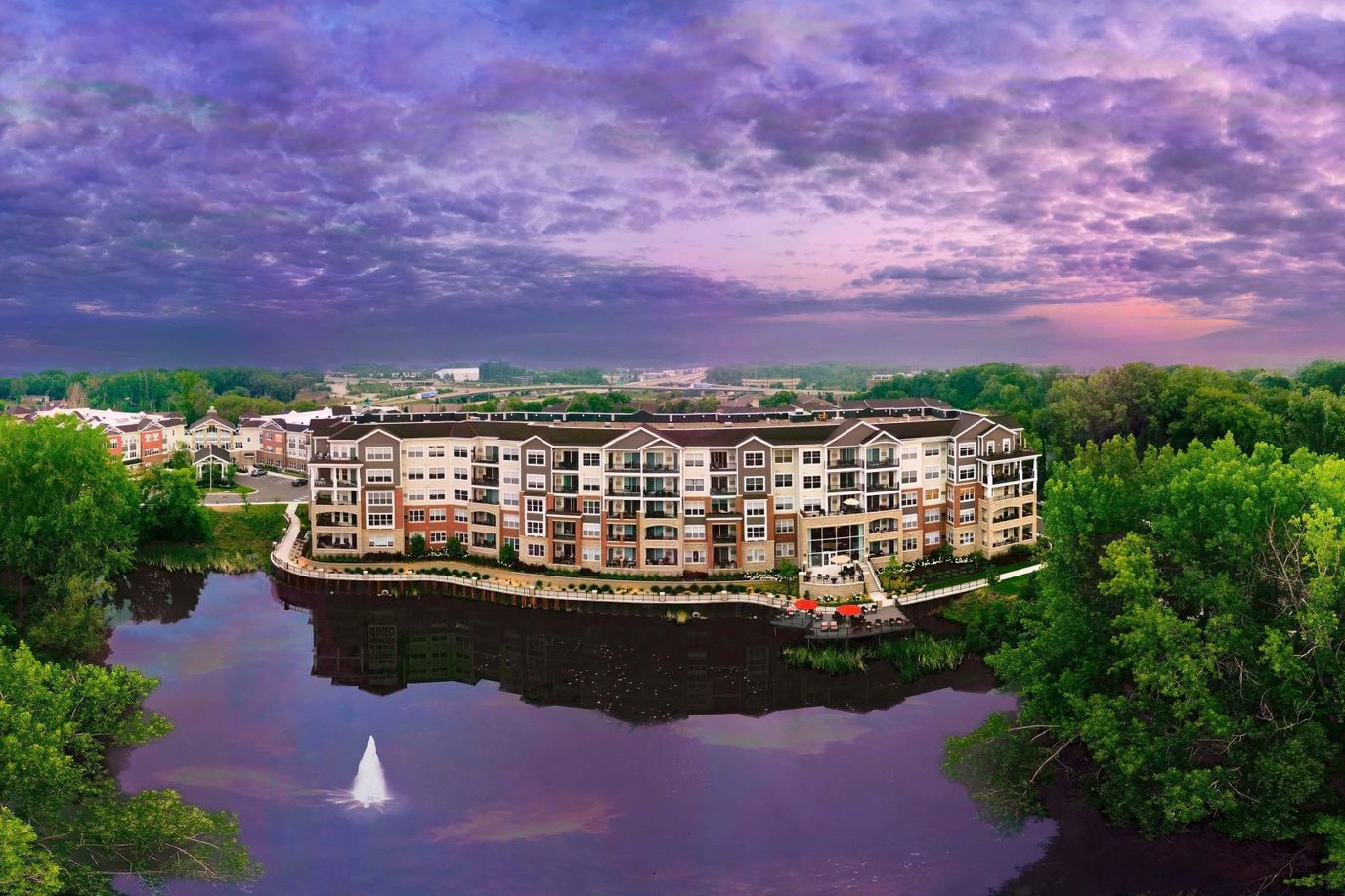 Aerial view of Friendship Village of Bloomington by the water