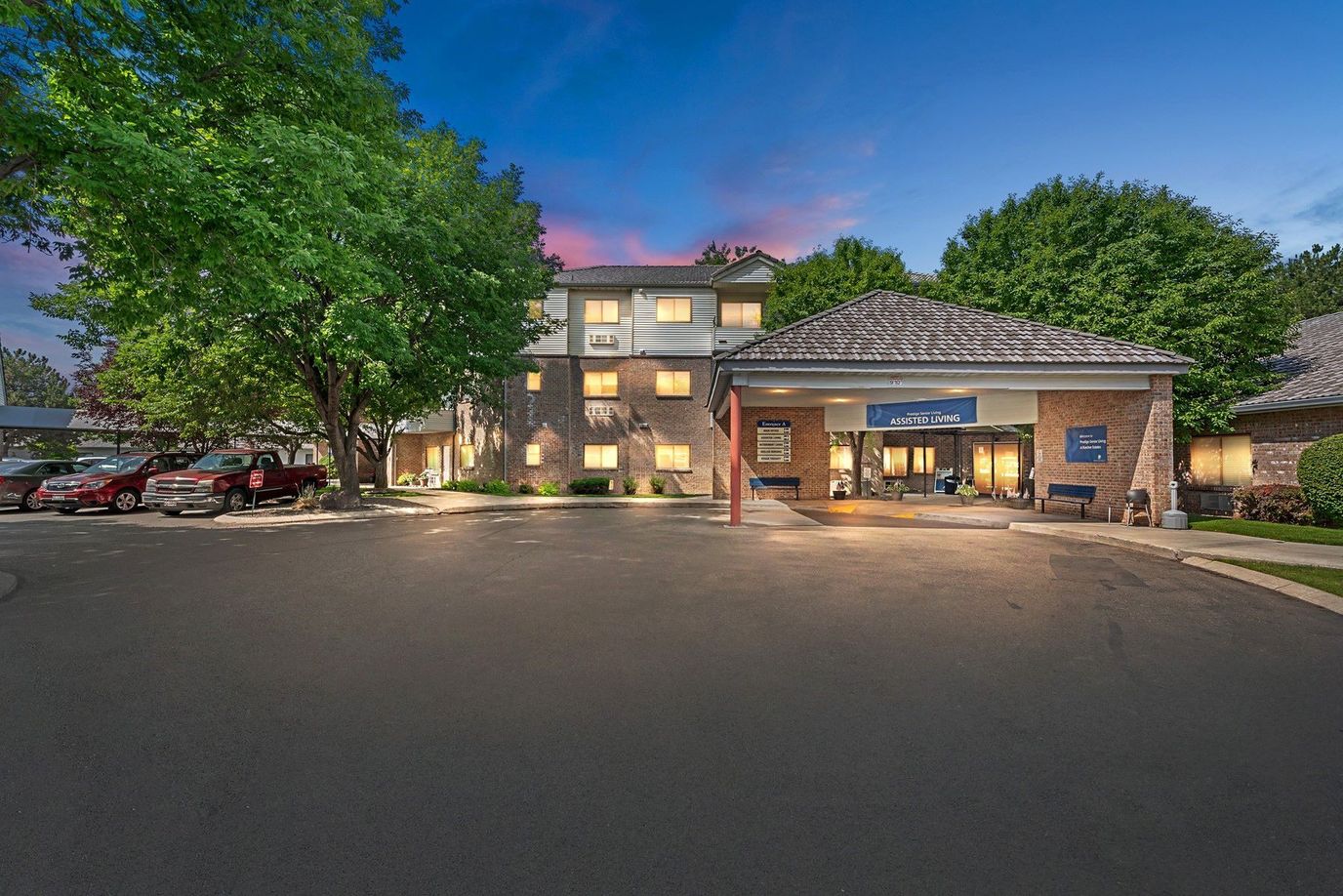 Exterior view of Karcher Estates at dusk