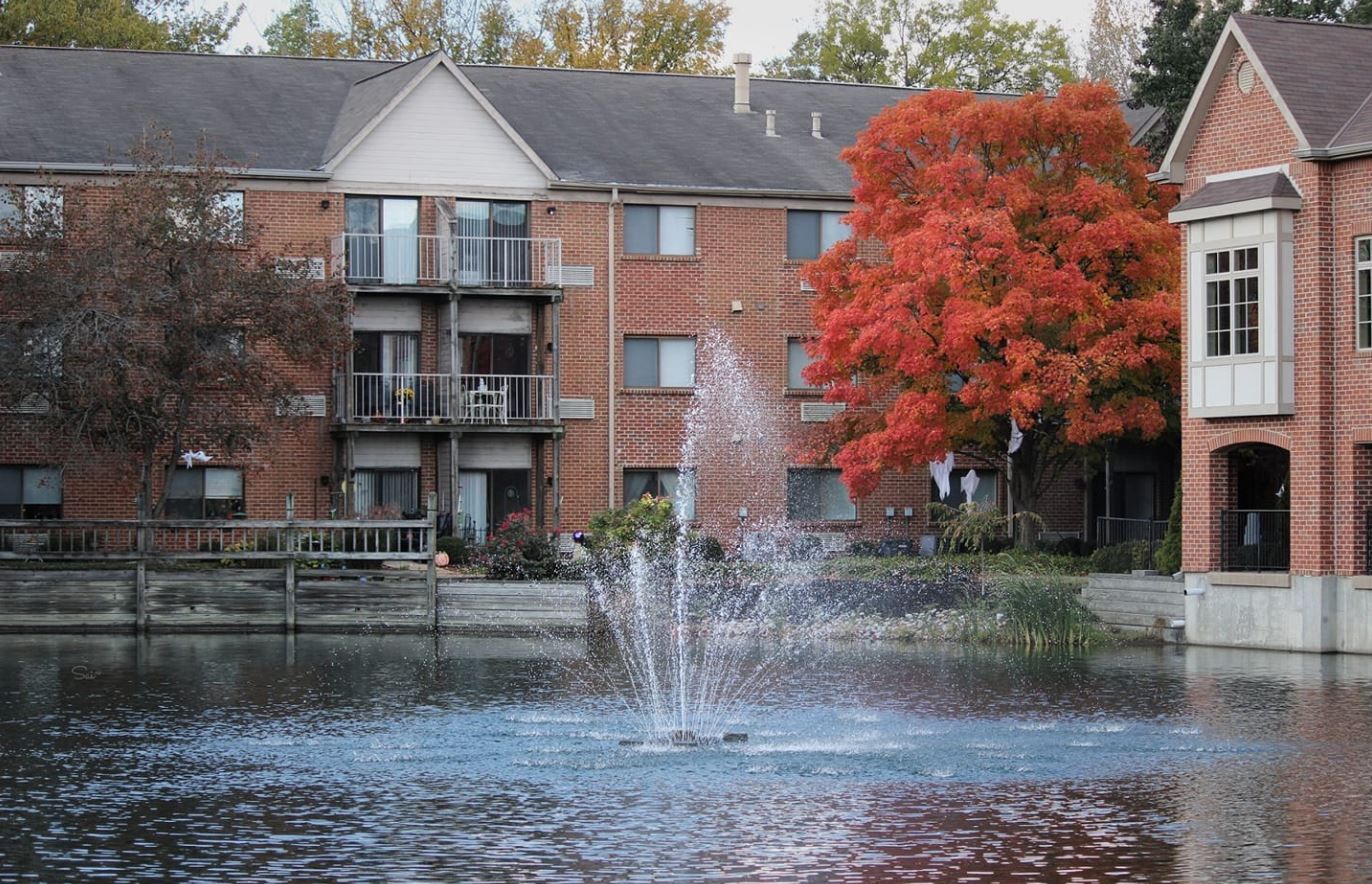 Outdoor view of the facility with a fountain and red tree