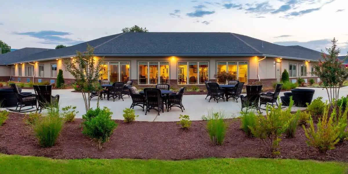 Outdoor patio area with seating for residents