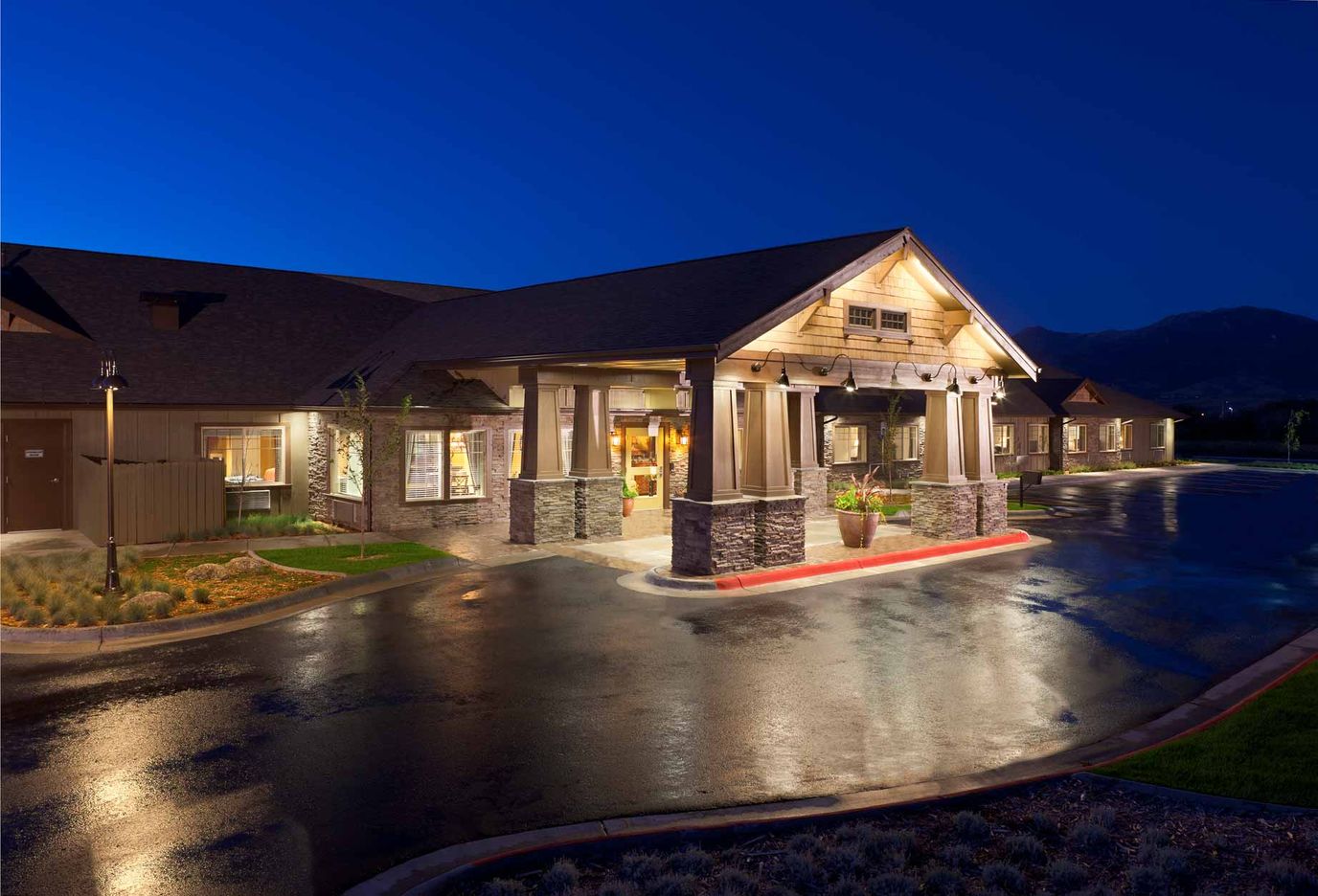 Building exterior view at night with lighting effects