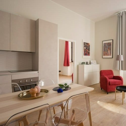 Modern interior of a living space with a kitchen