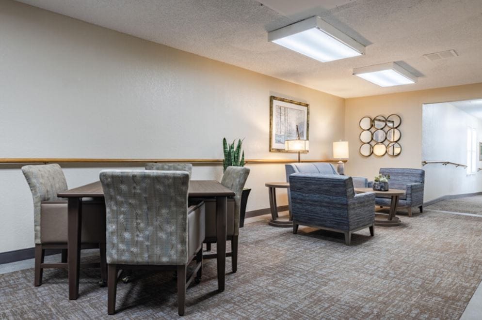 Bright common area in a senior living facility