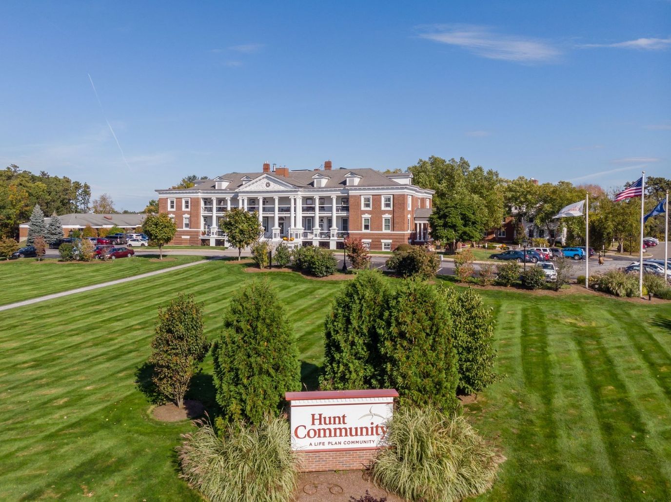Aerial view of Hunt Community with well-maintained lawn