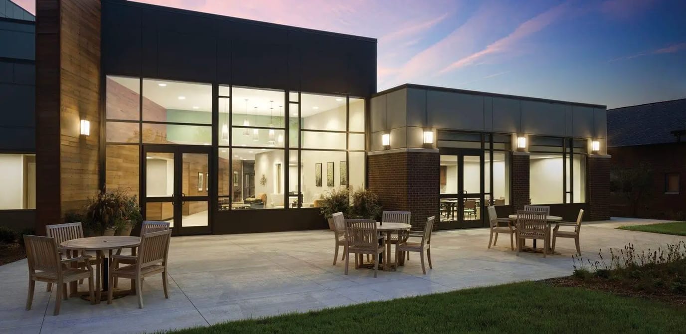 Outdoor area with seating and views of the facility