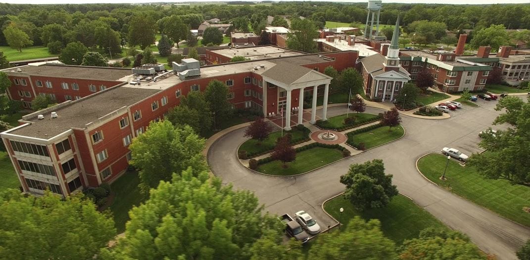Aerial view of Heritage Point facility with landscaped grounds