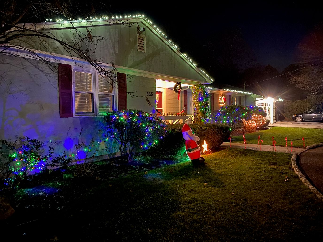 Festively decorated exterior of a senior living facility
