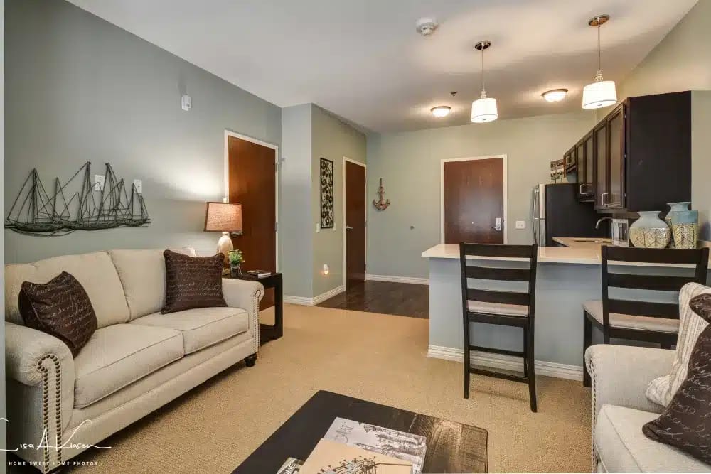 Cozy interior of a resident room with seating