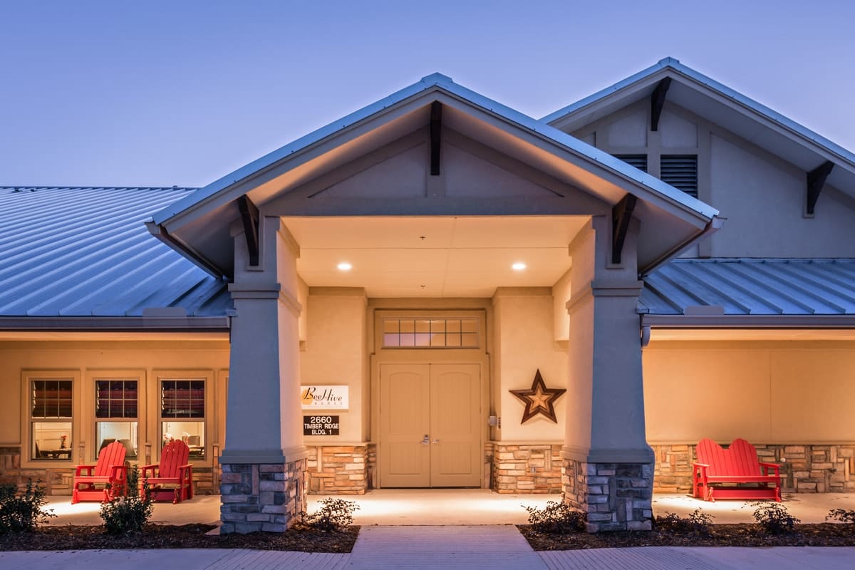 Exterior view of the BeeHive Homes facility entrance