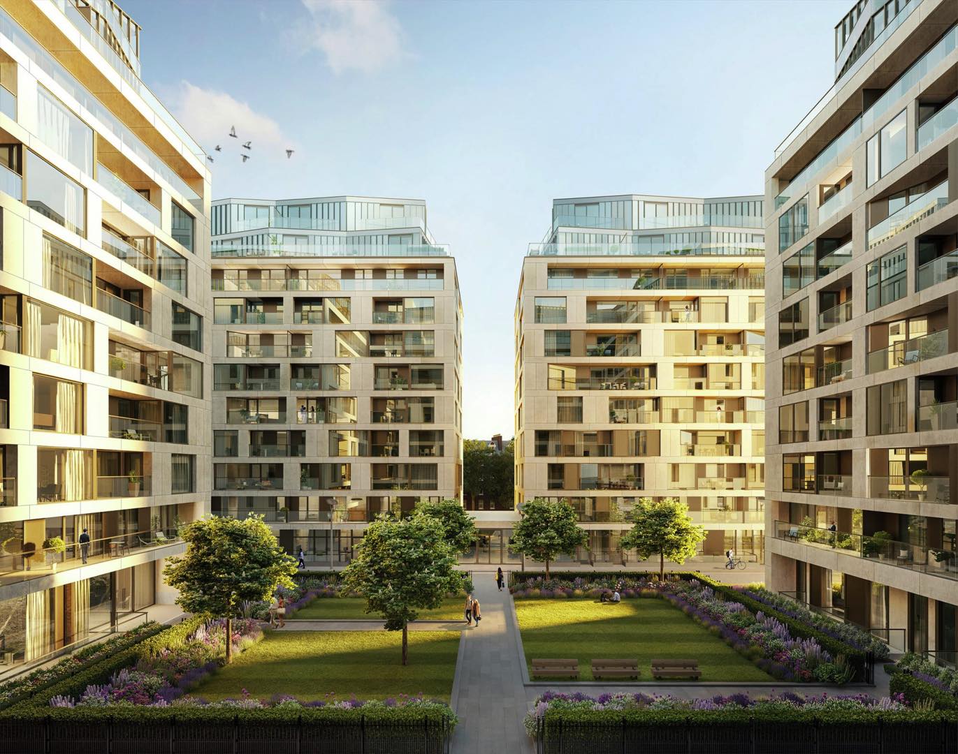 A modern residential complex with landscaped gardens