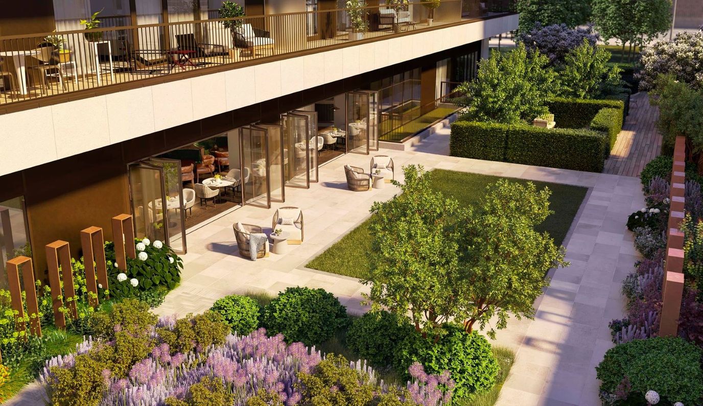 Outdoor space with garden and seating area
