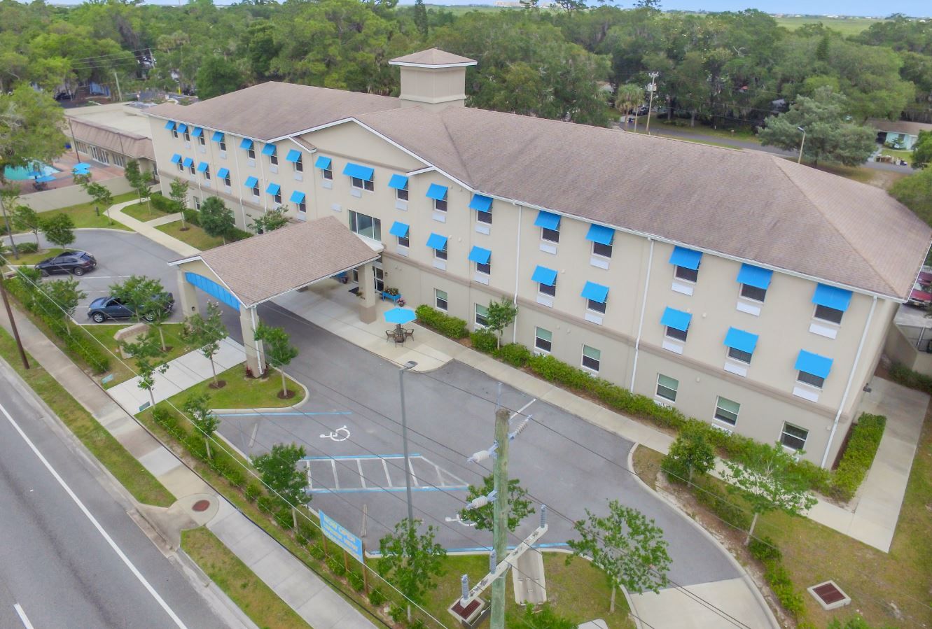 Aerial view of Seashore Senior Living building and surrounding area