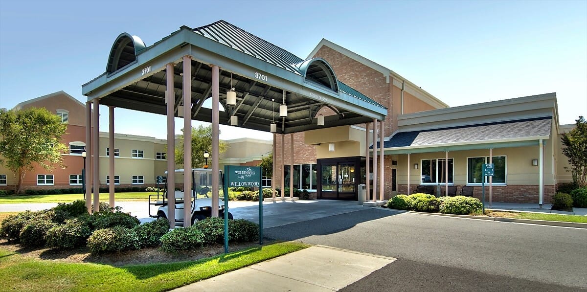 Front entrance of Woldenberg Village with covered entryway