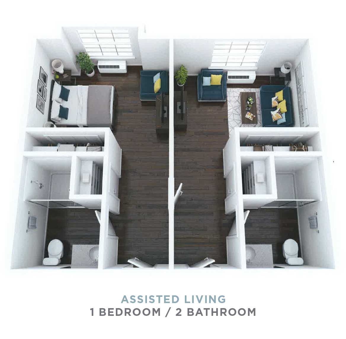 Architectural floor plan of a one-bedroom assisted living unit