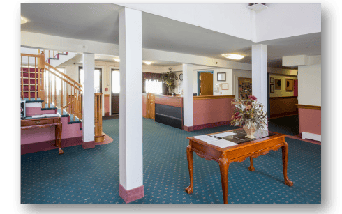 Interior view of a lobby with seating areas