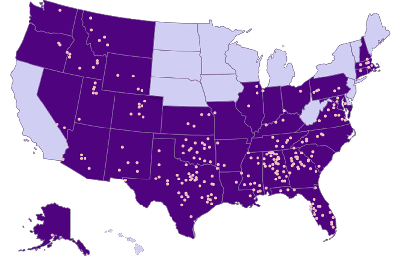 Map of locations related to hospice services.