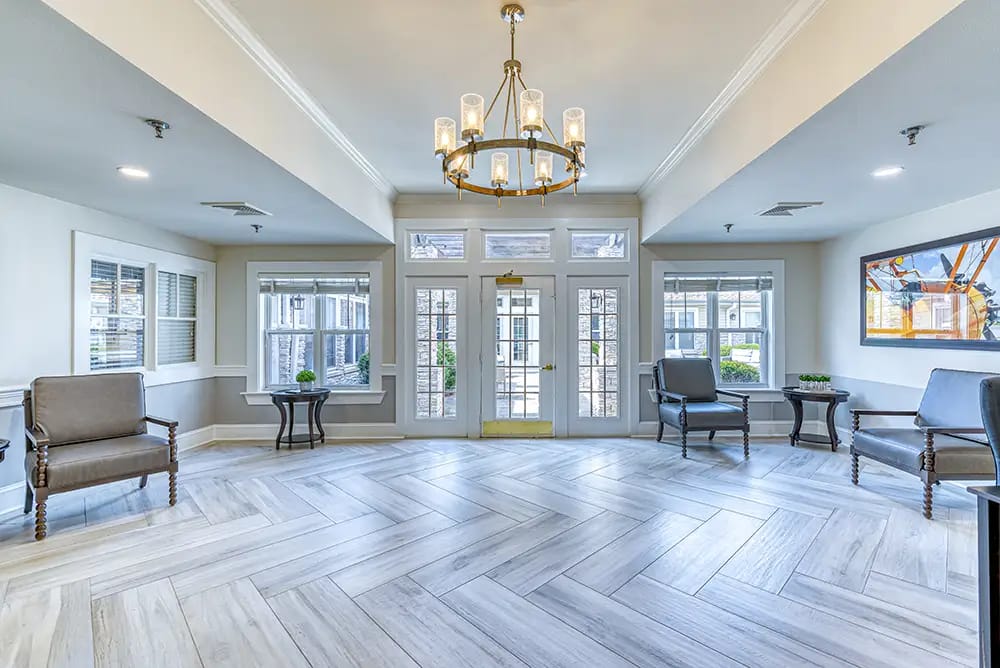 Bright lobby area with seating and natural light