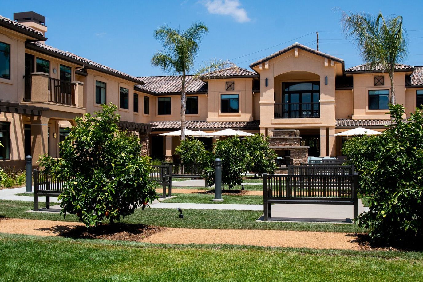 Outdoor space with gardens and building facade